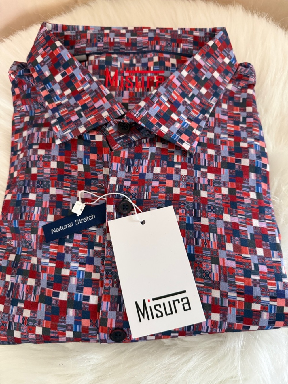 Misura 3XL Men's Red, White & Blue Geometric Button-Down Long Sleeve Shirt